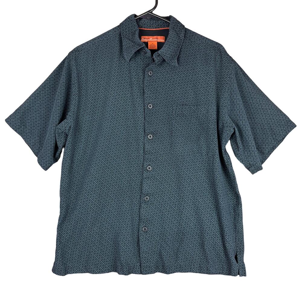 Sette Ponti Mens Shirt Black Blue Silk Short Sleeve Collared Button Down Medium